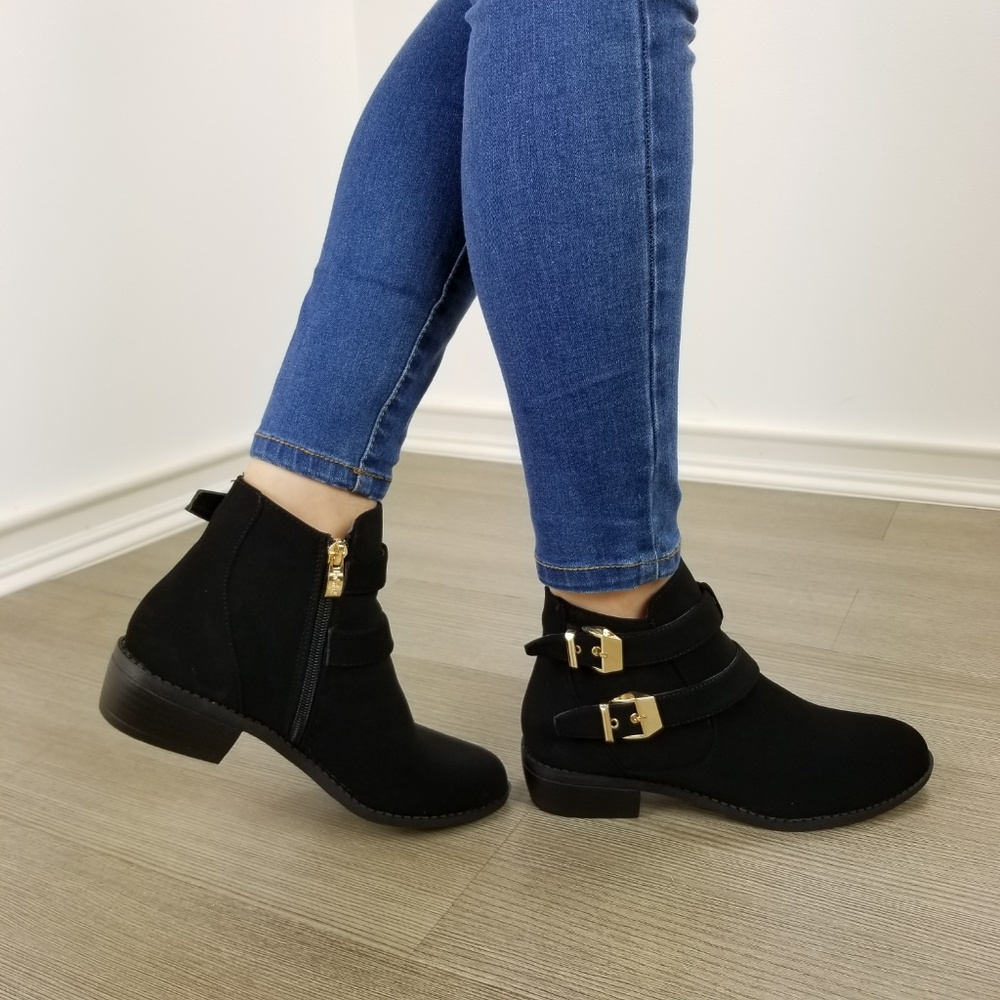Black Vegan Nubuck Double Buckle Ankle Boots-FF - Picture 2 of 8